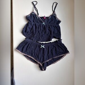 Edikted Navy Blue Two-Piece Lace-Trim Pajama Set
